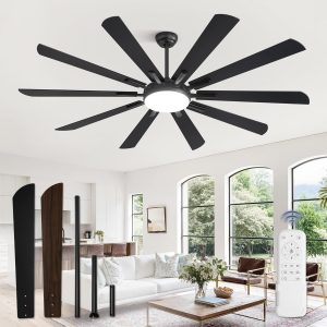 72 Inch Ceiling Fans with Lights and Remote, Outdoor Black Large Ceiling Fan with 10 Blades, 36W LED Light 3CCT, 6 Speed Reversible DC Motor, Modern Big Ceiling Fan for Living Room,Patio.