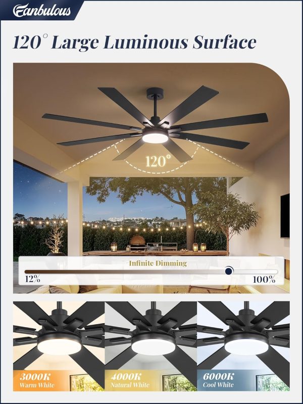 72 Inch Ceiling Fans with Lights and Remote, Dual-Sided Reversible Blades for Versatile Dcor, Quiet DC Motor, 120 Wide-Angle Customized Brightness & 3CCT, Damp Rated for Indoor/Outdoor Use