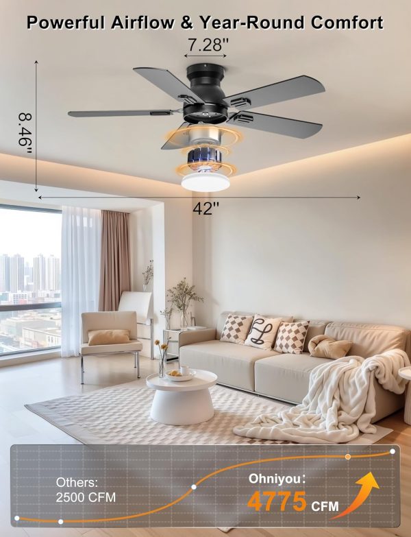 Ceiling Fans with Lights, 42 Inch Low Profile Ceiling Fan with Light and Remote/APP Control, Flush Mount, Dimmable, Qiuet DC Motor, Black Small Indoor Ceiling Fan for Bedroom, Kitchen