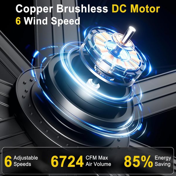 Large Ceiling Fan No Light - Industrial Fan Remote & APP Control, Quiet DC Motor, Indoor/Outdoor Ceiling Fan for Patio, Shop, Garage, Aluminum Blades, Black