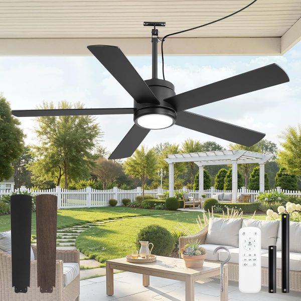 52 In Outdoor Ceiling Fan Hanging Fan Outdoor Ceiling Fans, Waterproof, with Light, Remote, 52 In, Wet Rated, IP65, 6 Speed, 3CCT, Plug in, for Patios, Porch, Gazebo, Black
