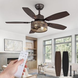 Farmhouse Oil Bronze Ceiling Fans with Lights and Remote, 42 Inch Bedroom Caged Ceiling Fans for Living Room Kitchen6 Speed Reversible Quiet DC Motor, Dual Finish 5 Blades