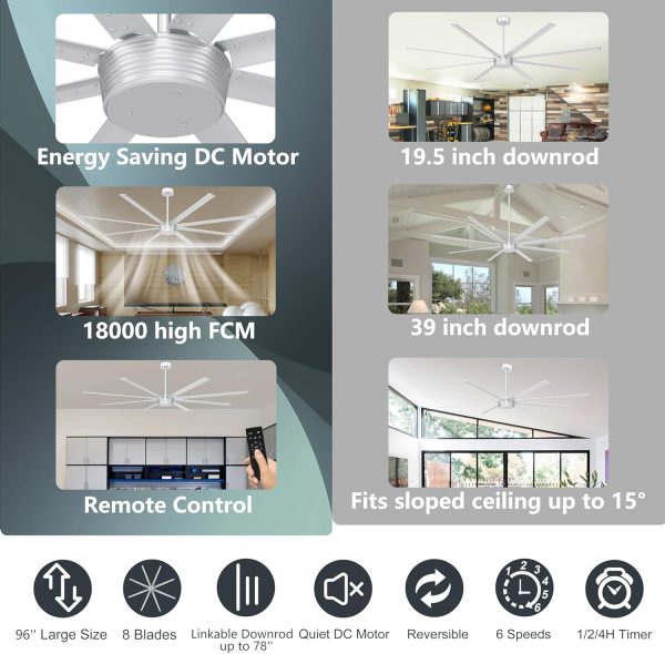 Large Industrial Ceiling Fan - DC Motor Shop Ceiling Fan with Remote Control Commercial Ceiling Fan for Warehouse Garage Gym, Silver Grey No Light