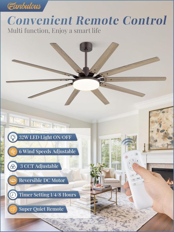 72 inch Large Oil Rubbed Bronze Ceiling Fans with Lights and Remote, Indoor/Outdoor Farmhouse Ceiling Fan with 10 Blades, 32W LED light 3 CCT, 6 Speed Reversible Quiet DC Motor, Dual Finish Blades