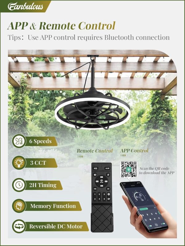 Outdoor Ceiling Fans with Light for Patios, 24" Weatherproof Plug in Ceiling Fan, Gazebo Fan Remote&APP Control, 3CCT Dimmable,Caged Ceiling Fan with Hanging Hook for Porch, Pergola,Canopy