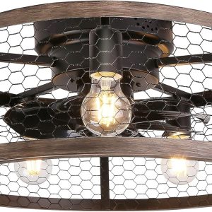 Flush Mount Caged Ceiling Fan with Lights Remote Control, Farmhouse Rustic Low Profile Small Vintage Enclosed Ceiling Fan Lighting Fixture Bedroom Dining Room