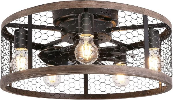 Flush Mount Caged Ceiling Fan with Lights Remote Control, Farmhouse Rustic Low Profile Small Vintage Enclosed Ceiling Fan Lighting Fixture Bedroom Dining Room