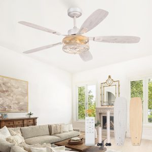 52 Inch Farmhouse Ceiling Fan with Light and Remote, White and Gold Flush Mount Ceiling Fans with 6 Speed Reversible Motor and Dual Finish 5 Blades, Rustic Ceiling Fan for Living Room, Bedroom
