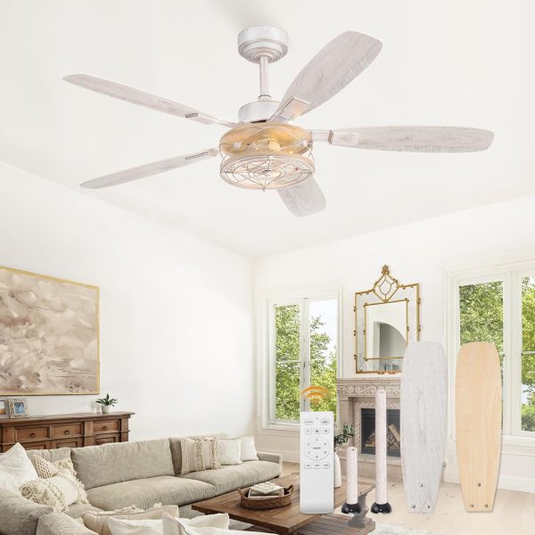 52 Inch Farmhouse Ceiling Fan with Light and Remote, White and Gold Flush Mount Ceiling Fans with 6 Speed Reversible Motor and Dual Finish 5 Blades, Rustic Ceiling Fan for Living Room, Bedroom