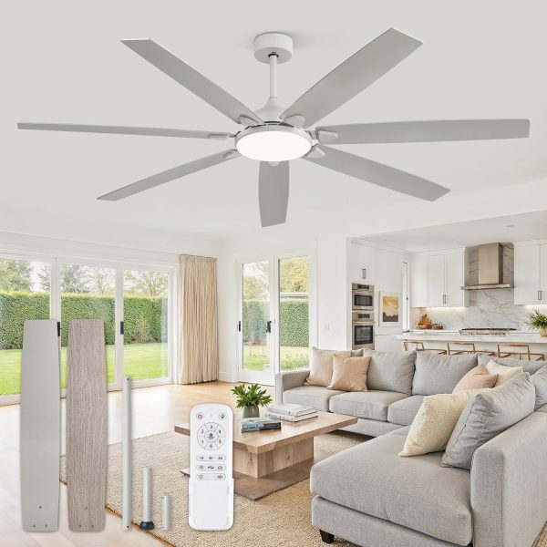 72 Inch Large Ceiling Fans with Lights, Grey Modern Ceiling Fan with Quiet DC Motor, 3CCT, Indoor/Outdoor Ceiling Fan with Dual Finish Reversible 7 Blades, Timer for Living Room, Patio