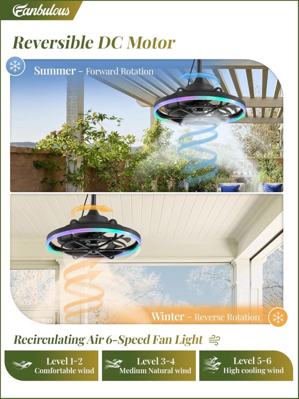 Outdoor RGB Ceiling Fans with Light for Patios, 20" Waterproof Plug in Ceiling Fan, Gazebo Fan Remote&APP Control, 3CCT Dimmable,Caged Ceiling Fan with Hanging Hook for Porch, Pergola