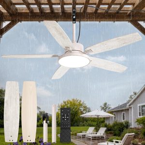 Outdoor Ceiling Fans with Light and Remote,IP65 Wet Rated Waterproof Ceiling Fan with 6-Speed DC Motor, Farmhouse Gazebo Fan for Porch Patios Pavilion(White Gold)