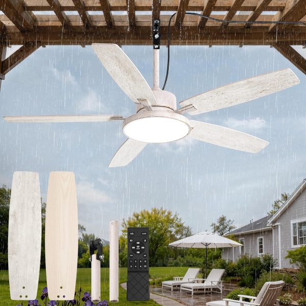 Outdoor Ceiling Fans with Light and Remote,IP65 Wet Rated Waterproof Ceiling Fan with 6-Speed DC Motor, Farmhouse Gazebo Fan for Porch Patios Pavilion(White Gold)