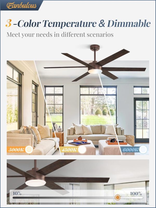 60 Inch Ceiling Fans with Lights and Remote, Reversible 6 Blades, Dimmable, 3000K-6000K Adjustable, Outdoor Ceiling Fans for Patios, Large Ceiling Fan for Indoor or Covered Outdoor, Brown