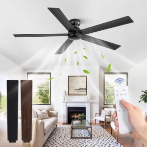 60 Inch Flush Mount Ceiling Fan no Lights, Black Ceiling Fan, 6-Speeds, Quiet Reversible DC Motor, Indoor/Outdoor Large Ceiling Fans without Lights for Living Room, Bedroom,Patio