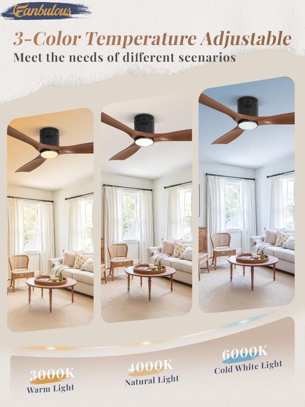 Ceiling Fans with Lights and Remote Control,Modern Flush Mount Ceiling Fan with 3 CCT,Low Profile Ceiling Fans with 6-Speeds Reversible DC Motor for Patio Living Room Bedroom(Walnut)