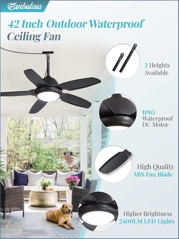 42 Inch Waterproof Outdoor Ceiling Fan with Lights and Remote,IP65 Hanging Gazebo Fan with 3CCT 6-Speed DC Motor,Black Wet Rated Plug in Ceiling Fan with Cord for Patios Porch Pergola
