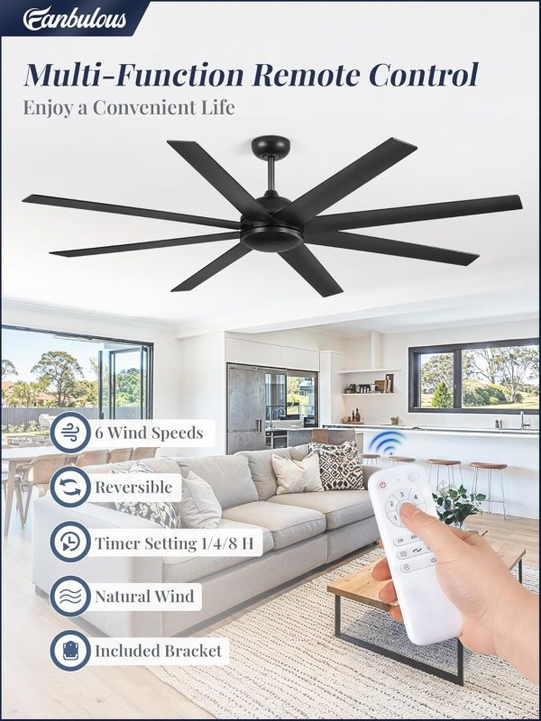 72 Inch Ceiling Fan no Light, Black Ceiling Fan with Remote, 6-Speeds, Quiet Reversible DC Motor, Industrial Ceiling Fans without Lights for Living Room, Garage, Patio, Indoor/Outdoor Use