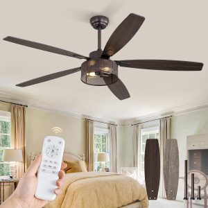 Farmhouse Ceiling Fans with Lights and Remote, 60 Inch Industrial Caged Ceiling Fans for Living Room Bedroom Kitchen, 6 Speed Reversible Quiet DC Motor, Dual Finish 5 BladesOil Bronze