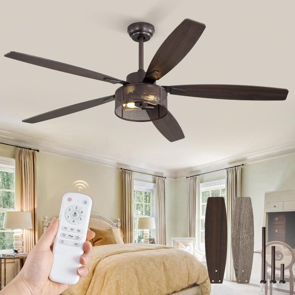 Farmhouse Ceiling Fans with Lights and Remote, 60 Inch Industrial Caged Ceiling Fans for Living Room Bedroom Kitchen, 6 Speed Reversible Quiet DC Motor, Dual Finish 5 BladesOil Bronze