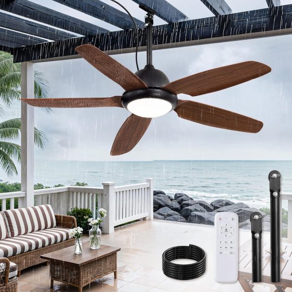 52 Inch Wet Rated Outdoor Ceiling Fan with Lights and Remote,IP65 Hanging Gazebo Fan with 3CCT 6-Speed DC Motor,Brown Waterproof Plug in Ceiling Fan with Cord for Patios Porch Pergola Pavilion