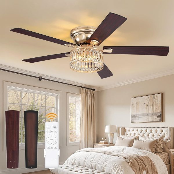 56 Inch Modern Farmhouse Fandelier Ceiling Fans with Lights, Gold Crystal Ceiling Fan with 6-Speeds, Quiet Reversible DC Motor, low profile ceiling fan with light for Bedroom, Living Room