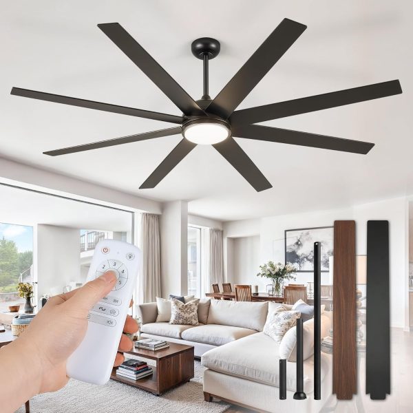 74 Inch Ceiling Fans with Lights and Remote, Black Indoor/Outdoor Ceiling Fan with Quiet Reversible DC Motor, 6 Speeds, 3CCT, 8 Blades Large Ceiling Fan for Living Room Bedroom Patio