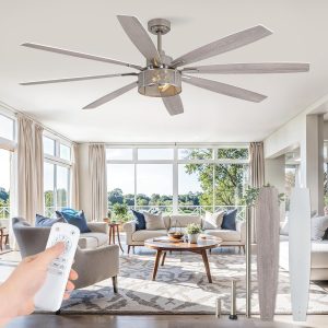 Farmhouse Ceiling Fans with Lights and Remote, 72 Inch Brushed Nickel Industrial Caged Ceiling Fans for Bedroom Living Room Kitchen, 6 Speed Reversible Quiet DC Motor, Dual Finish 8 Blades