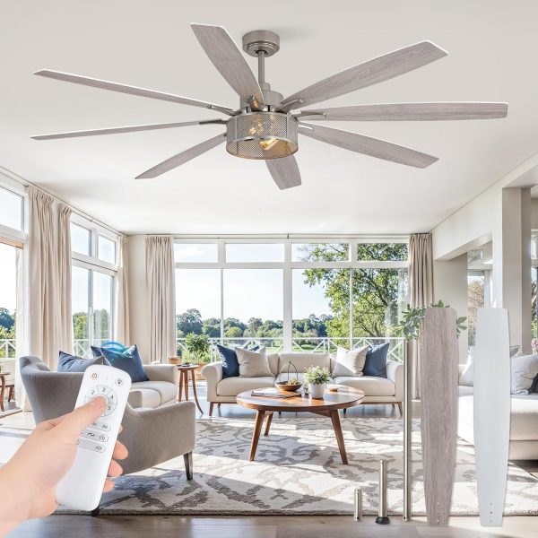 Farmhouse Ceiling Fans with Lights and Remote, 72 Inch Brushed Nickel Industrial Caged Ceiling Fans for Bedroom Living Room Kitchen, 6 Speed Reversible Quiet DC Motor, Dual Finish 8 Blades