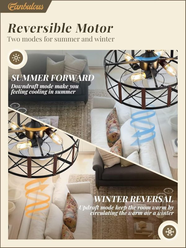 20 Inch Fandelier Caged Ceiling Fans with Lights and Remote, Black Bladeless Ceiling Fan with 6 Speeds and Timing, Farmhouse Samll Fan Lights Ceiling Fixtures for Kitchen, Bedroom-Walnut