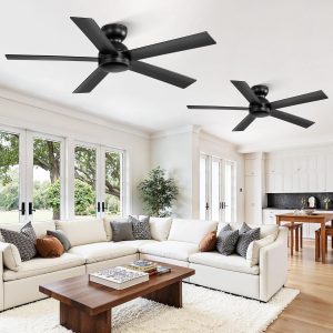 2 Pack 48 Inch Low Profile Ceiling Fan no Light, Black Ceiling Fan without lights, 6-Speeds, Quiet Reversible DC Motor, Indoor/Outdoor Ceiling Fans without Lights for Patio, Living Room, Bedroom