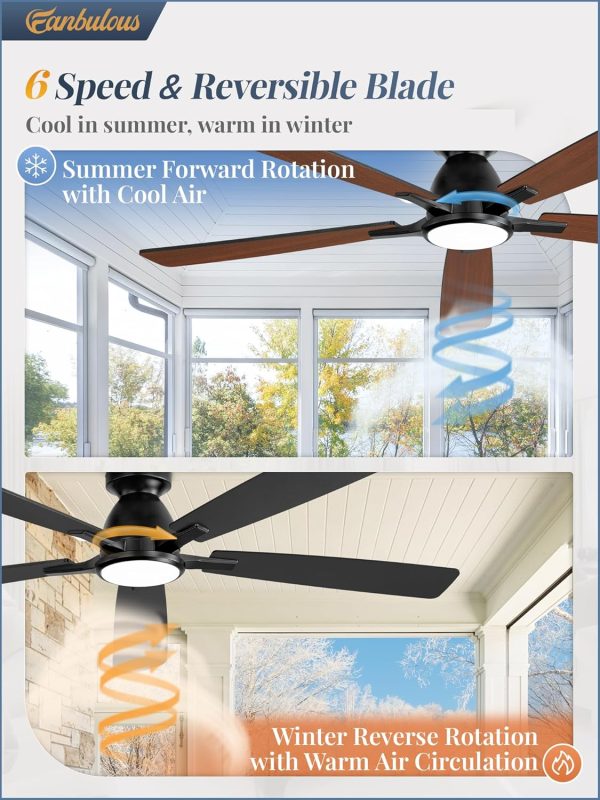 60 inch Ceiling Fans with Lights, Smart Flush Mount Ceiling Fan and Remote APP, Modern Low Profile, 3CCT 20W LED with 6-Speeds Quiet Reversible Motor for Bedroom, Living Room, Kitchen, Black
