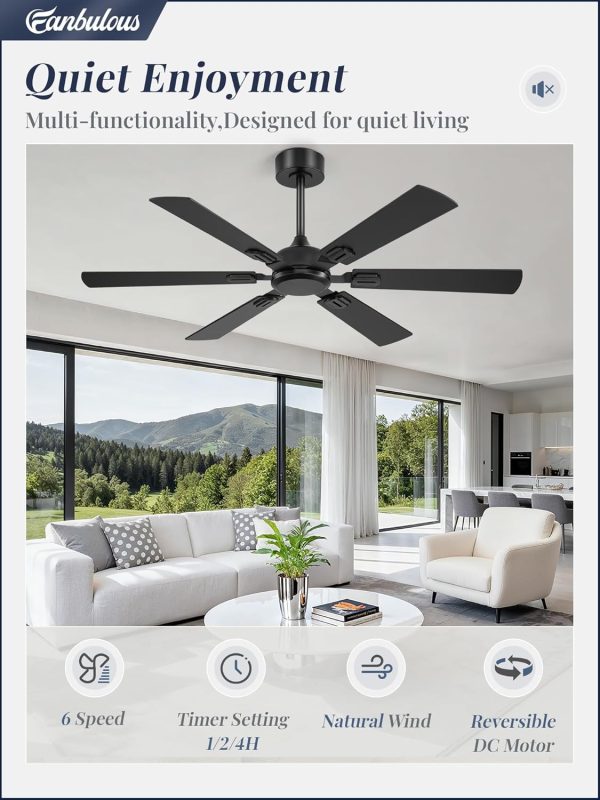 52 Inch Ceiling Fans No Light with Remote, Modern Ceiling Fan Without Light, Dual Finish 6 Blades, Reversible Quiet DC Motor, 6 Speed, Large Ceiling Fan for Indoor or Covered Outdoor, Black