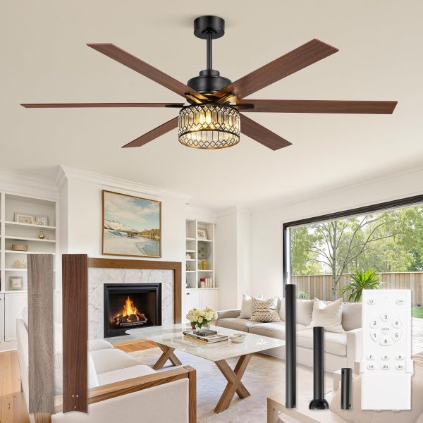 65 Inch Farmhouse Crystal Ceiling Fan with Lights and Remote, Chandelier Ceiling Fan with Quiet Reversible DC Motor, Wood Blades - Ideal for Bedroom