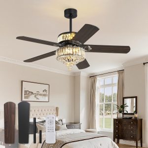 52 Inch Crystal Fandaliers Ceiling Fan with Double-layer LED Light, Chandelier Ceiling fans, 3CCT, 6-Speeds, Quiet DC Motor, Farmhouse Ceiling Fans with Light, Black Ceiling Fan for Bedroom