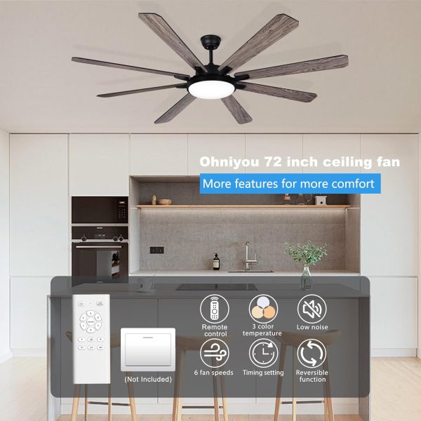Ceiling Fan with Light and Remote - Large Indoor Outdoor Ceiling Fan, 6 Speeds Reversible DC Motor, 8 Blades Farmhouse Industrial Ceiling Fans for Living Room Patio Bedroom, Black and Wood