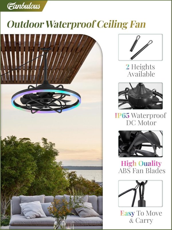Outdoor RGB Ceiling Fans with Light for Patios, 24" Waterproof Plug in Ceiling Fan, Gazebo Fan Remote&APP Control, 3CCT Dimmable,Caged Ceiling Fan with Hanging Hook for Porch, Pergola