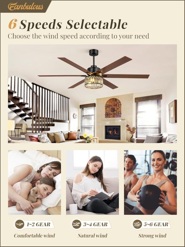 65 Inch Farmhouse Crystal Ceiling Fan with Lights and Remote, Chandelier Ceiling Fan with Quiet Reversible DC Motor, Wood Blades - Ideal for Bedroom
