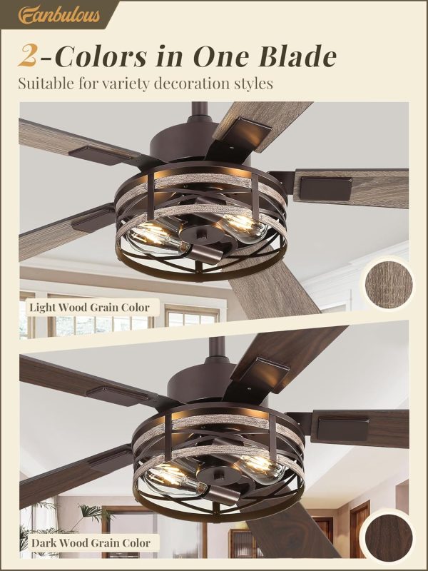 Farmhouse Ceiling Fans with Light, 48 Inch Bedroom Ceiling Fan with Lights, 6-Speed Adjustable, Quiet and Reversible DC Motor, 5 Dual Finish Blades, Rustic Caged Ceiling FanOil Bronze