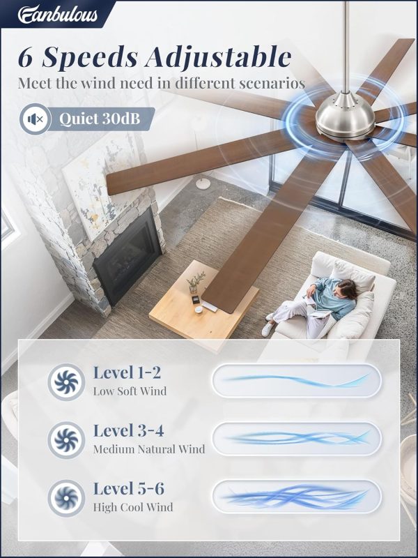 72 Inch large Ceiling Fans without Lights, Brushed Nickel Modern Ceiling Fan, 6-Speeds, Quiet Reversible DC Motor, Indoor/Outdoor Ceiling Fan with Remote for Patio, Living Room, Bedroom