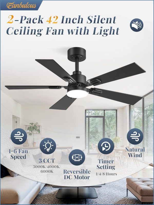 2 Pack of 42 Ceiling Fans with Lights and Remote, Modern Low Profile Ceiling Fans with Dimmable 3CCT Quiet DC Motor, Reversible Celing Fan with 6-Speeds Timer for Bedroom(Black)