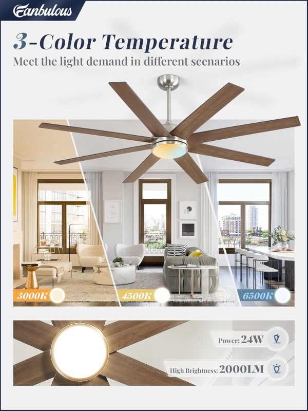 65 Inch Ceiling Fans with Lights and Remote, Brush Nickel Indoor/Outdoor Ceiling Fan with Quiet Reversible DC Motor, 6 Speeds, 3CCT, 8 Blades Large Ceiling Fan for Living Room Bedroom Patio