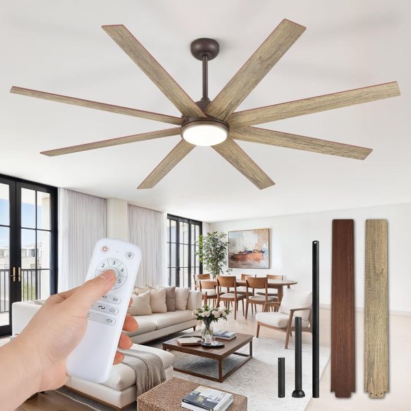 74 Inch Ceiling Fans with Lights and Remote, Walnut Indoor/Outdoor Ceiling Fan with Quiet Reversible DC Motor, 6 Speeds, 3CCT, 8 Blades Large Ceiling Fan for Living Room Bedroom Patio