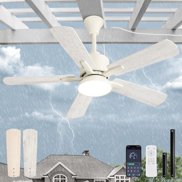 Outdoor Ceiling Fans with Light for Patios, IP65 Waterproof Gazebo Fan, Plug in Ceiling Fan with Remote, 3CCT 6-Speed White Ceiling Fan with Hanging Hook for Porch, Pergola,Canopy