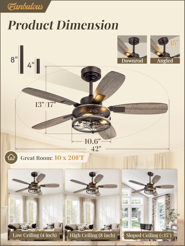 42 Inch Farmhouse Ceiling Fan with Light and Remote, Oil Bronze Industrial Flush Mount Ceiling Fans with 6 Speed Reversible Motor and Dual Finish 5 Blades, Rustic Ceiling Fan for Living Room, Bedroom