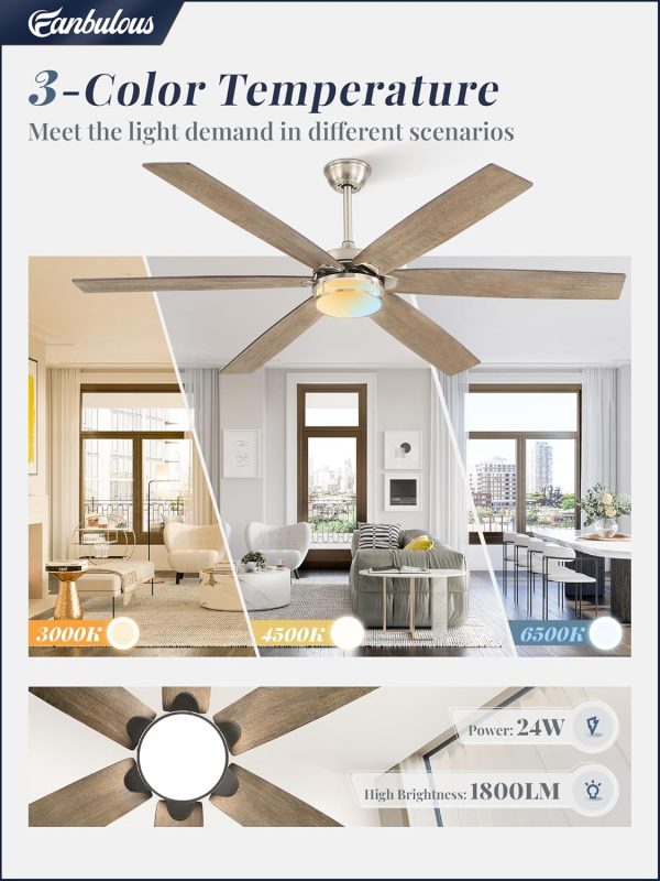 65 Inch Ceiling Fans with Lights, Farmhouse Large Ceiling Fans with Remote, Brown&Grey Modern Ceiling Fan with LED Light, Quiet DC Motor for Living Room, Bedroom, Kitchen, Indoor