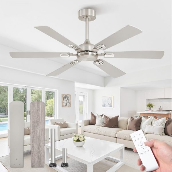 52 Inch Ceiling Fans No Light with Remote, Modern Ceiling Fan Without Light, Dual Finish 6 Blades, Reversible Quiet DC Motor, 6 Speed, Large Ceiling Fan for Indoor or Covered Outdoor, Nickel