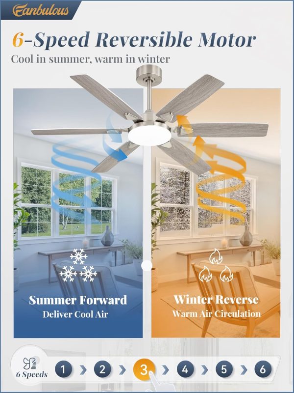 52 Inch Ceiling Fans with Lights, Indoor/Outdoor Modern Ceiling Fan with Reversible Blade And 2 Rods, Quiet DC Motor, 3CCT & 6-Speed Remote Control, Dual Finish Blade for Living Room/Bedroom