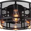 Cage Ceiling Fan with Light - 21'' Farmhouse Flush Mount Ceiling Fan Remote Control, Small Bladeless Caged Ceiling Fan for Kitchen Bedroom