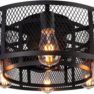 Cage Ceiling Fan with Light - 21'' Farmhouse Flush Mount Ceiling Fan Remote Control, Small Bladeless Caged Ceiling Fan for Kitchen Bedroom